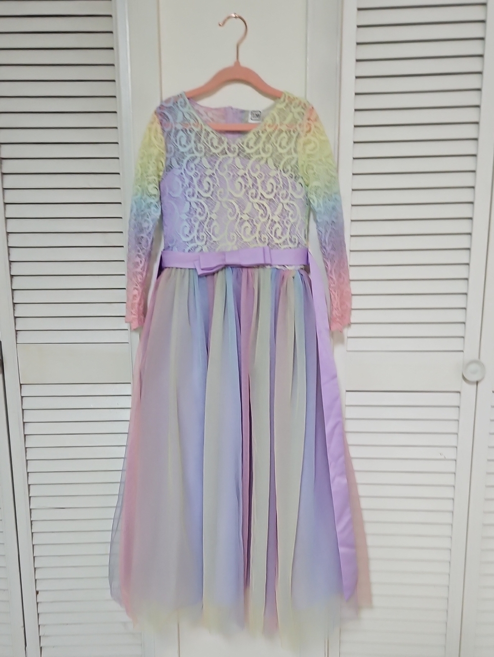 Girls Rainbow Lace Tulle Dress - Pastel Multicolor